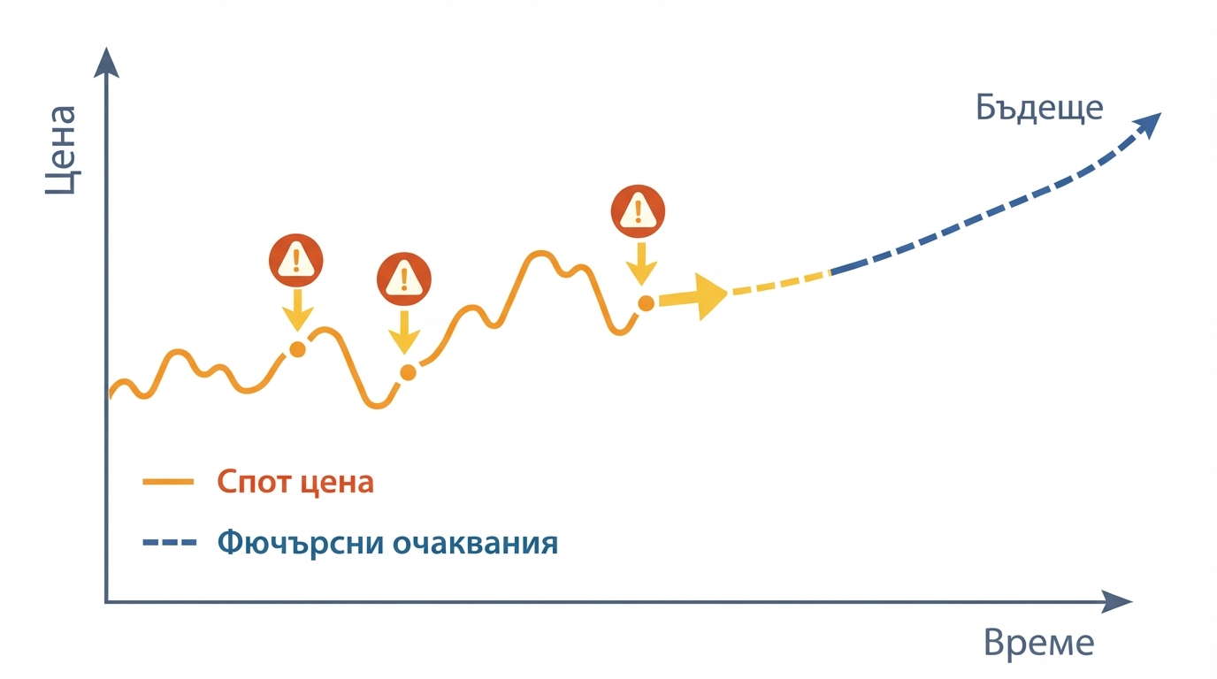 Сравнение между спот цена и фючърсни очакваия във времето